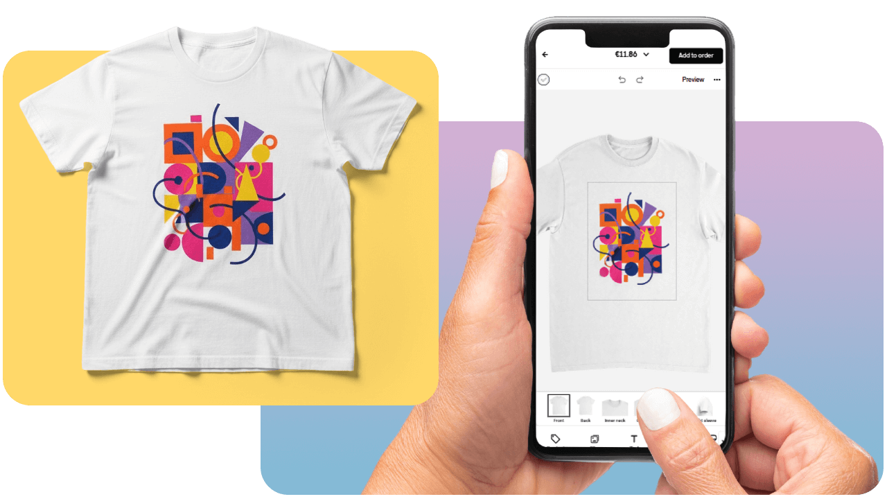 White t-shirt with colorful abstract geometric design displayed on screen and held in hand against a gradient background.