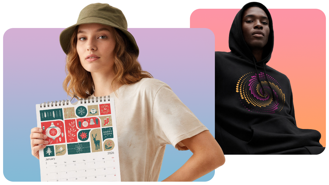 A woman in a hat holds a colorful calendar, while a man in a hoodie stands confidently. Backgrounds are pastel gradients.