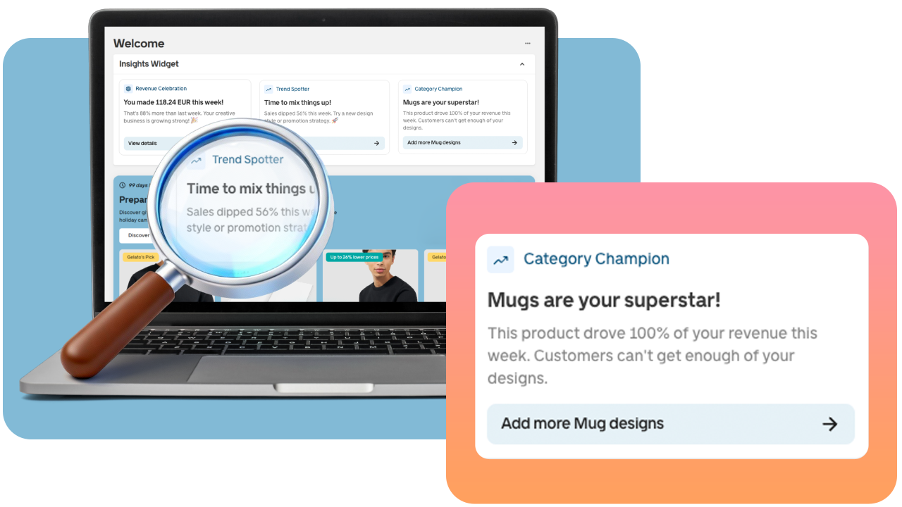 Laptop displaying analytics dashboard with a magnifying glass highlighting "Trend Spotter." A popup reads: "Mugs are your superstar!"