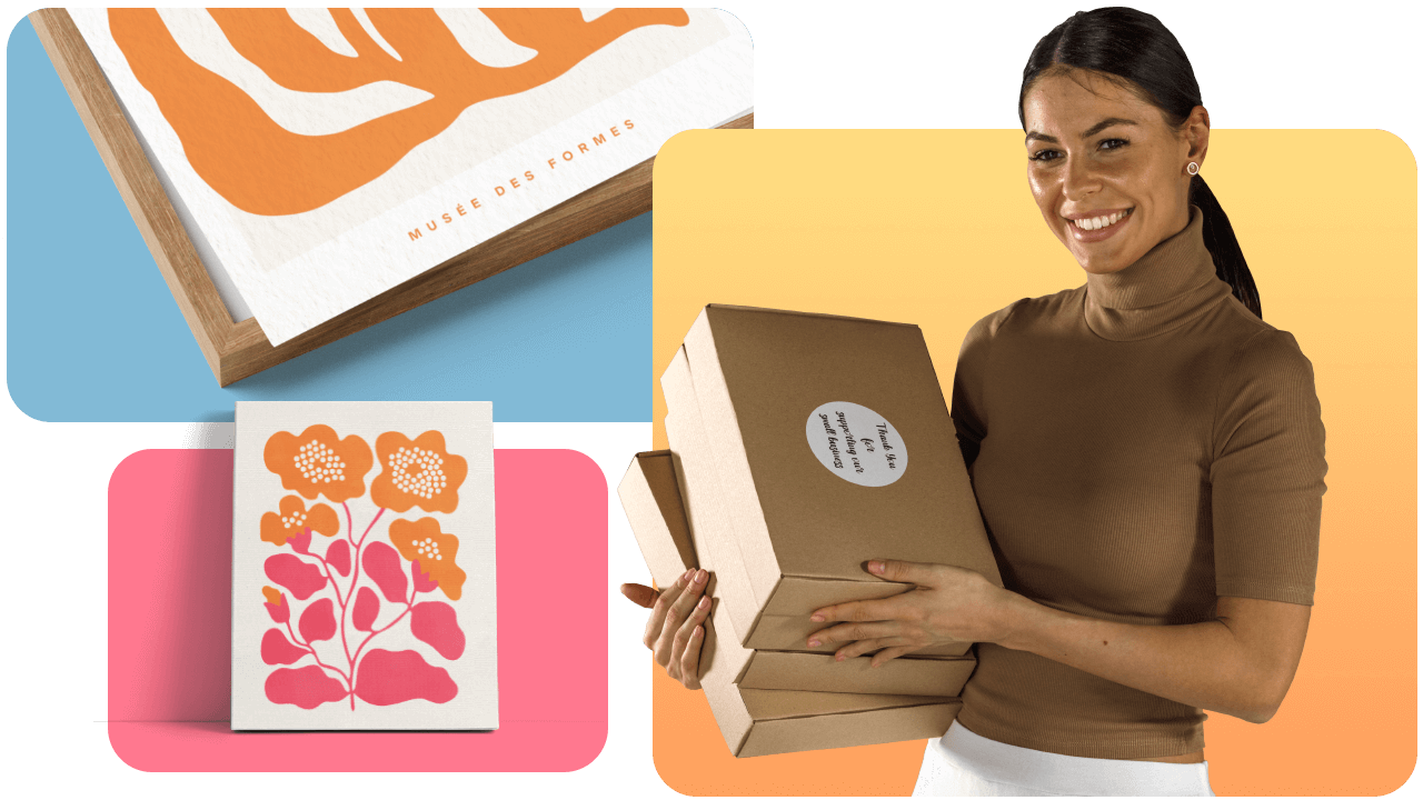 Smiling woman holding stacked boxes, with colorful art prints in the background on a gradient backdrop.